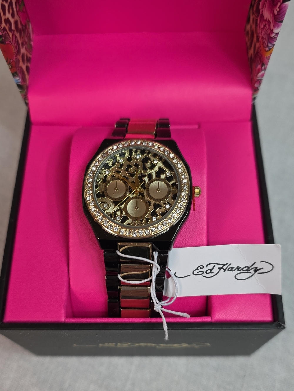 Ed Hardy Black and Gold Crystal Bezel Watch